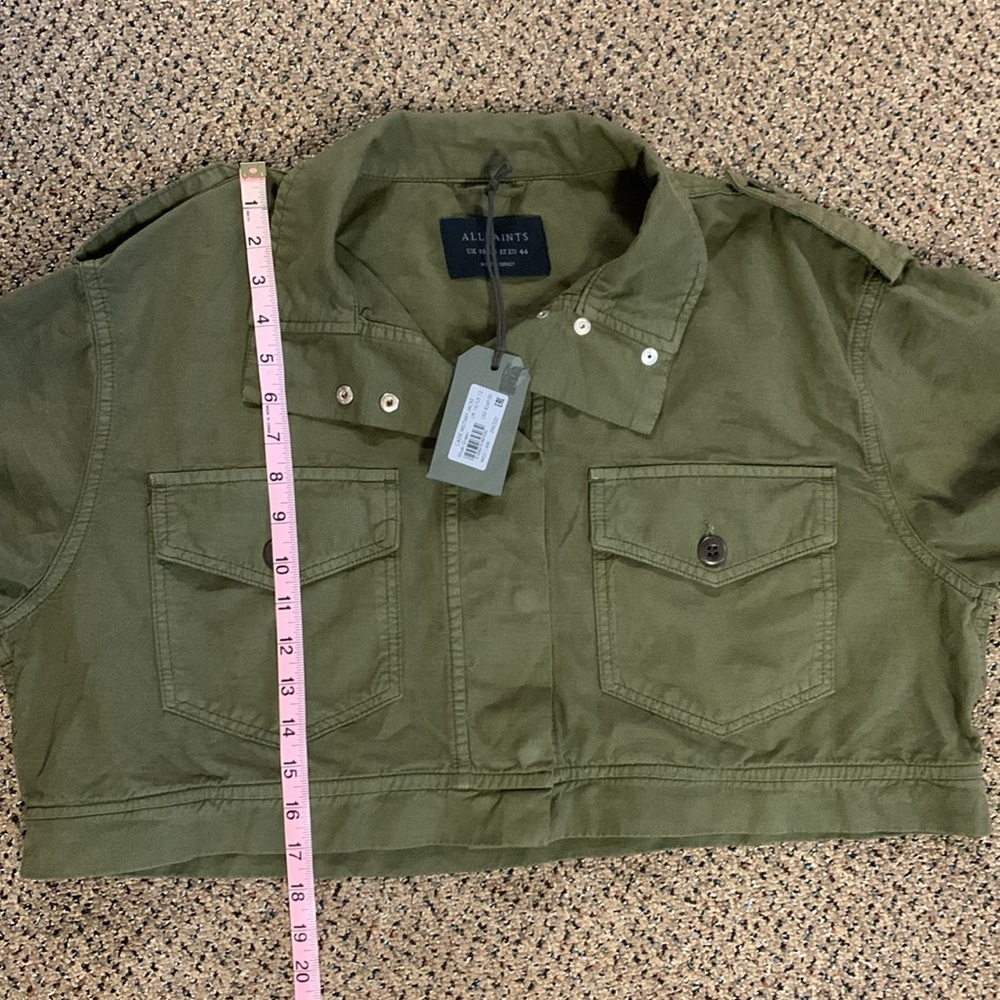 NWT All Saints Cadie Military Jacket in Khaki Green Cropped Linen Jacket Size 12 - Picture 8 of 8